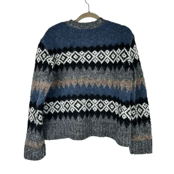Evereve Womens Size Medium Fair Isle Knit Sweater Blue/Gray Long Sleeve - Picture 7 of 11